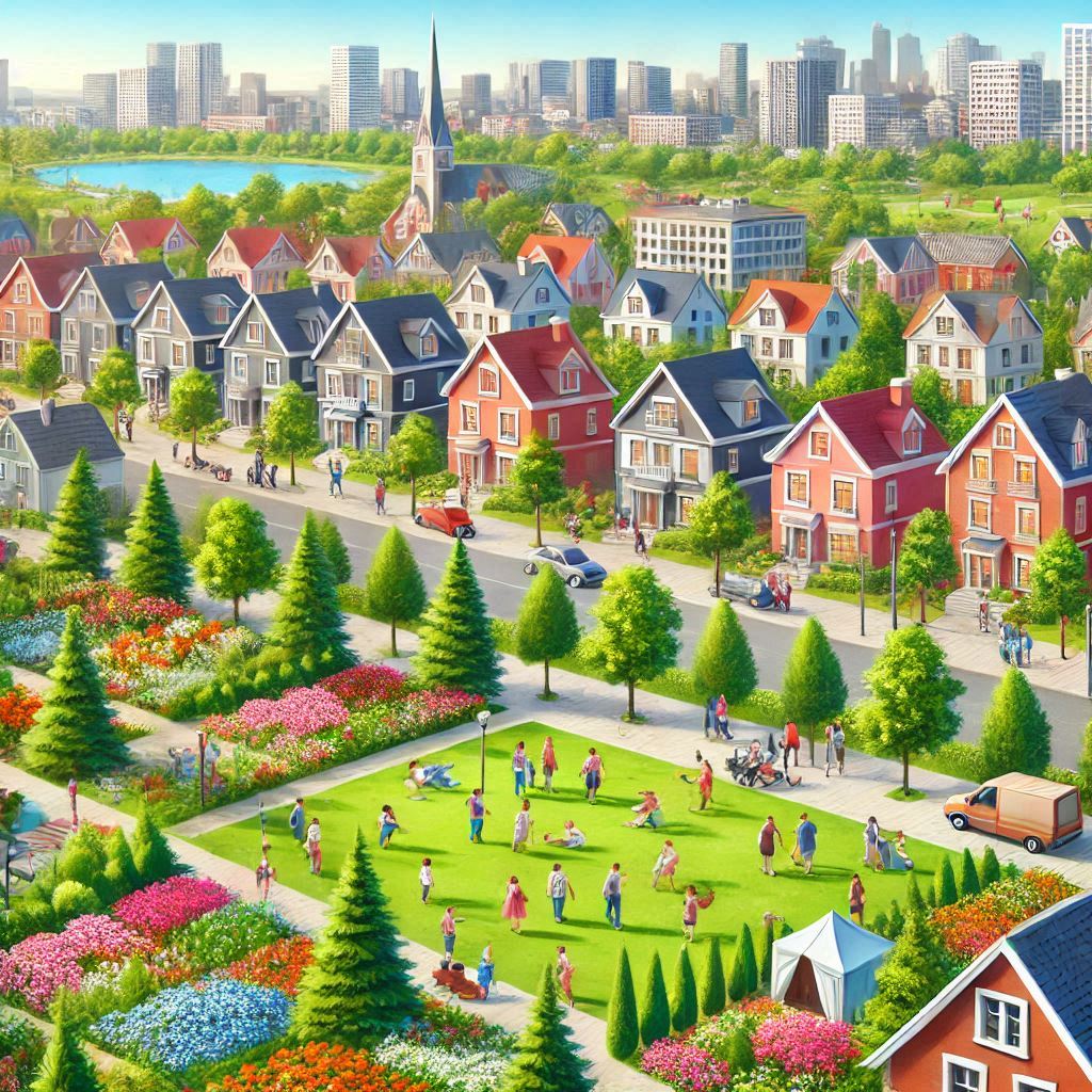 Ciudad verde Muestra una ciudad con casa muy bonitas y zonas verdes.